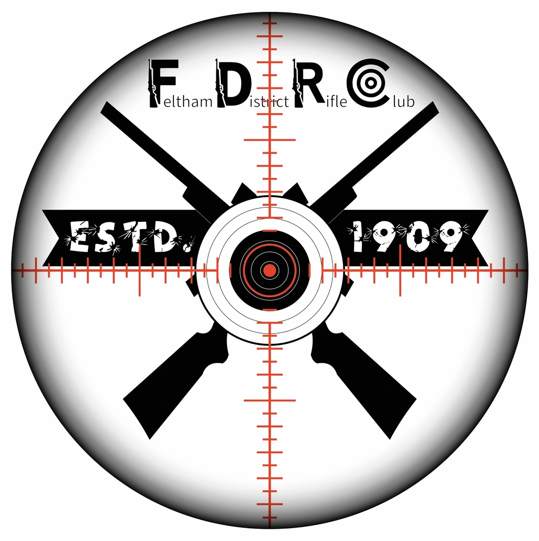 Feltham and District Rifle Club transparent emblem featuring rifles, target, red crosshairs and Estd. 1909